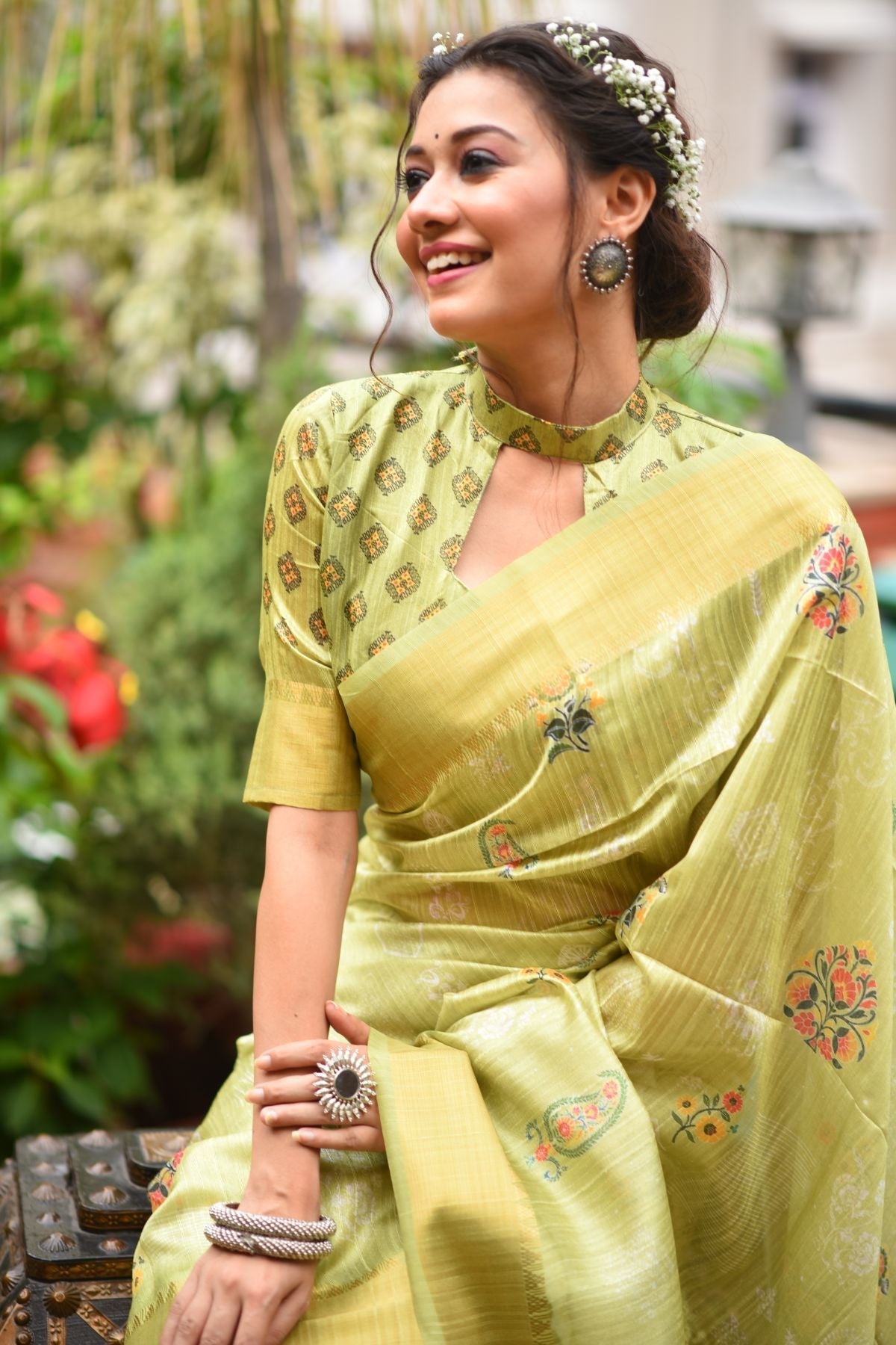 Husk Green Printed South Silk Saree