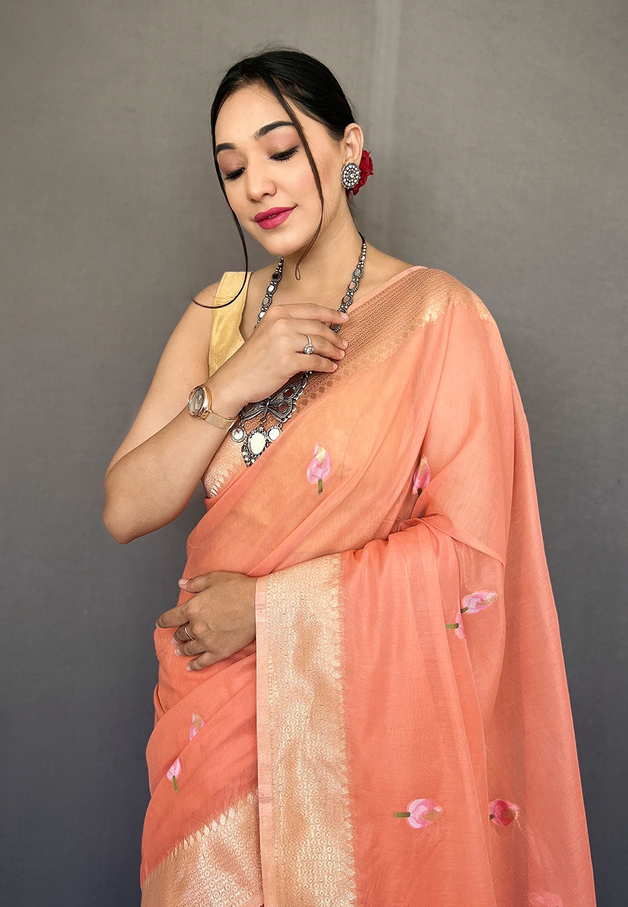 Flesh Peach Cotton Lotus Woven Silk Saree