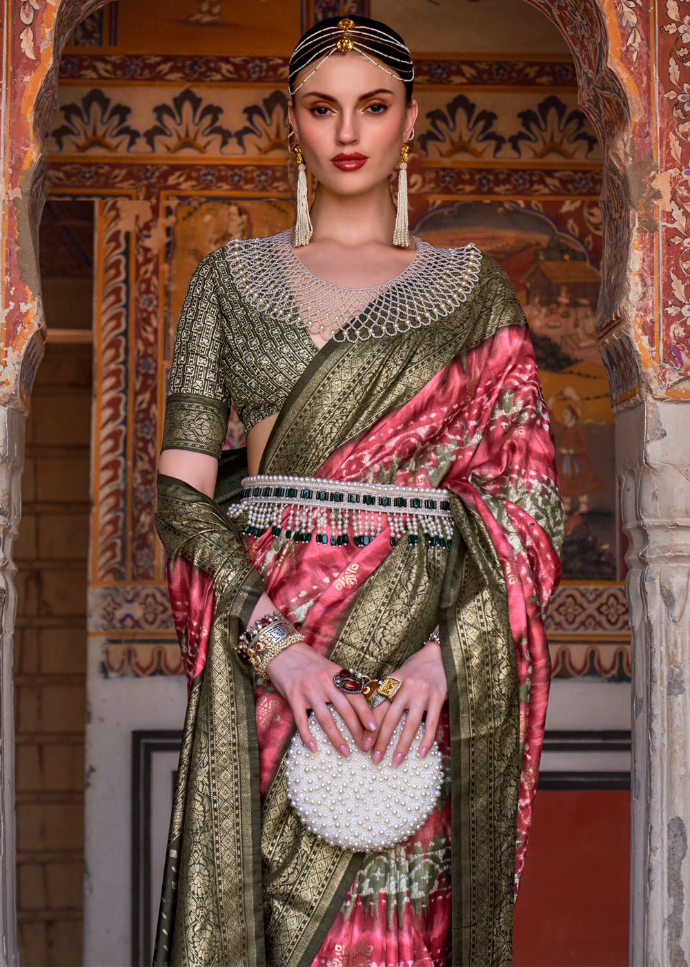 Mandy Pink and Green Printed Patola Soft Silk Saree