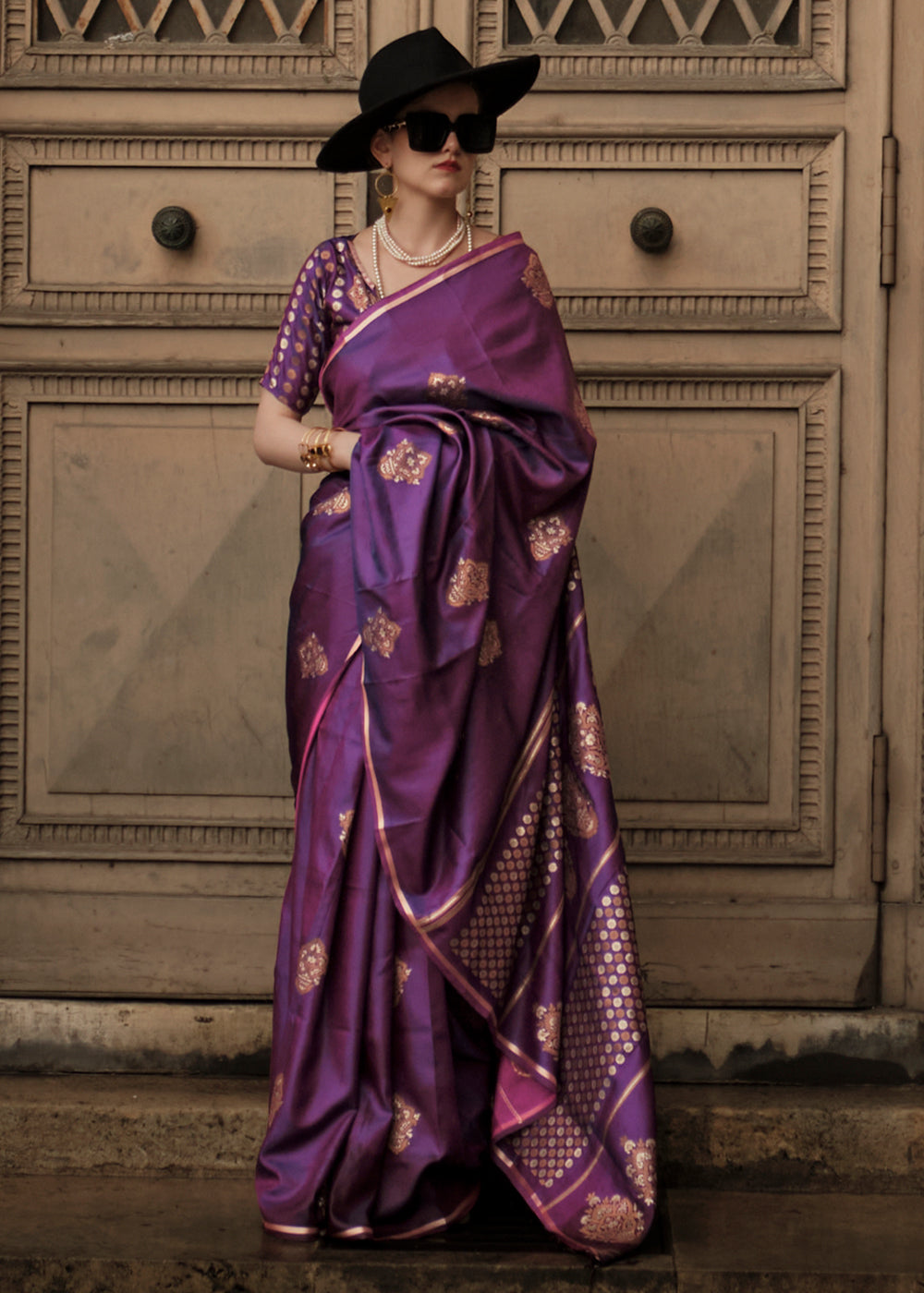 Strikemaster Purple Woven Banarasi Satin Silk Saree