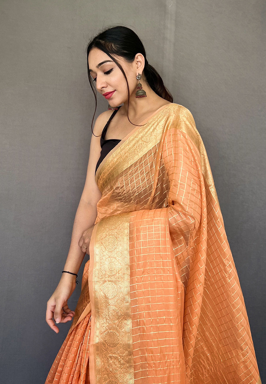 Jaffa Orange Zari Woven Organza Checks Saree