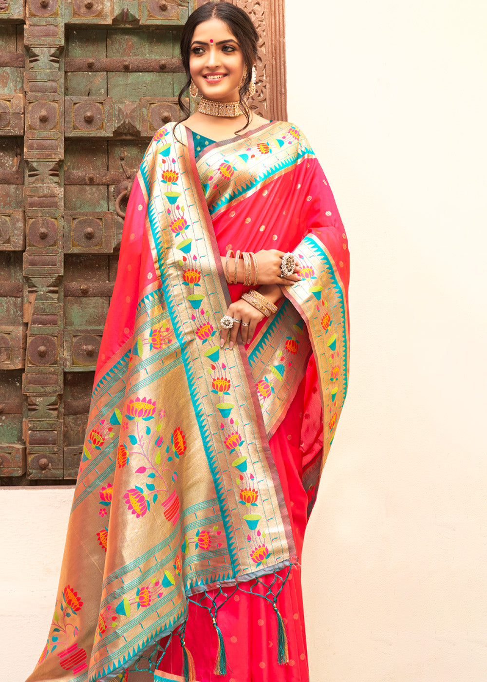 Fiery Rose Pink Woven Paithani Silk Saree