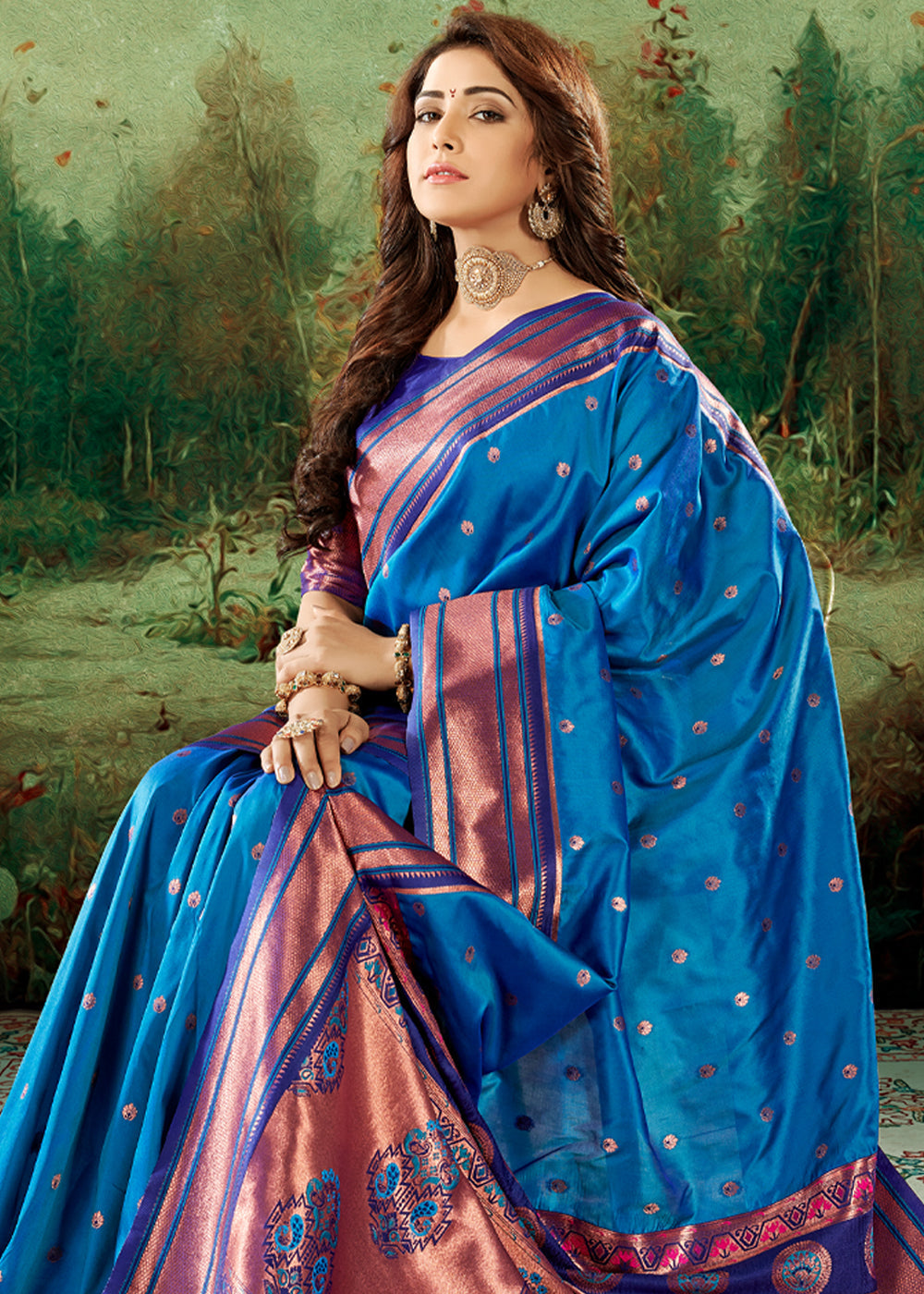 Bahama Blue Woven Paithani Soft Silk Saree