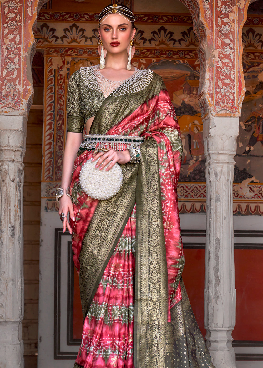 Mandy Pink and Green Printed Patola Soft Silk Saree