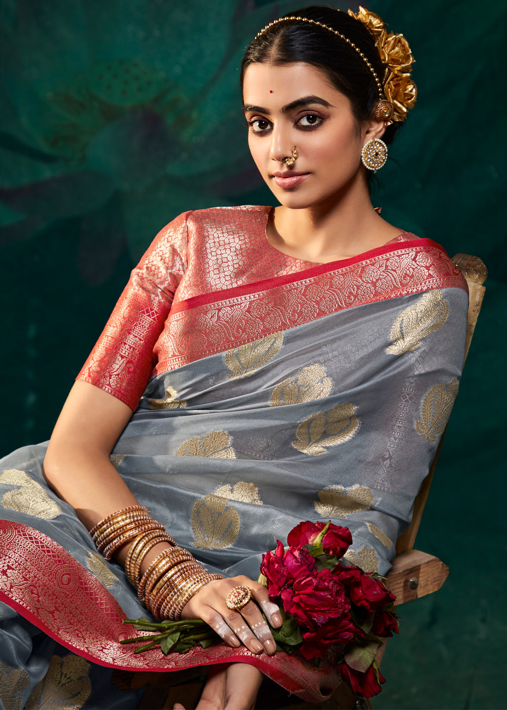 Manatee Grey Woven Banarasi Organza Silk Saree