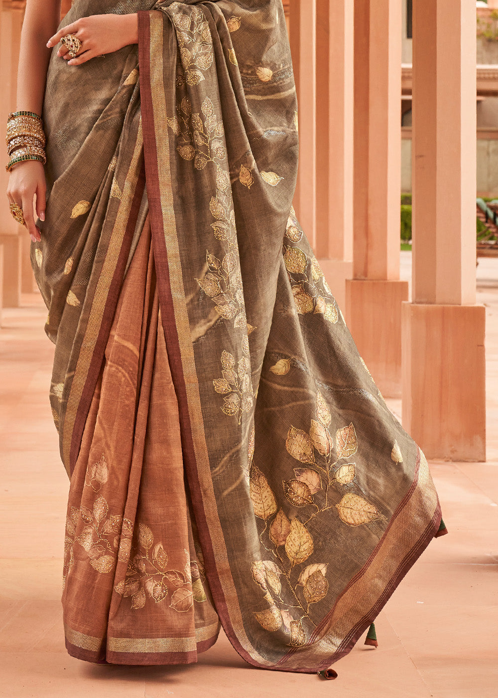 Leather Grey and Brown Printed Patola Soft Silk Saree