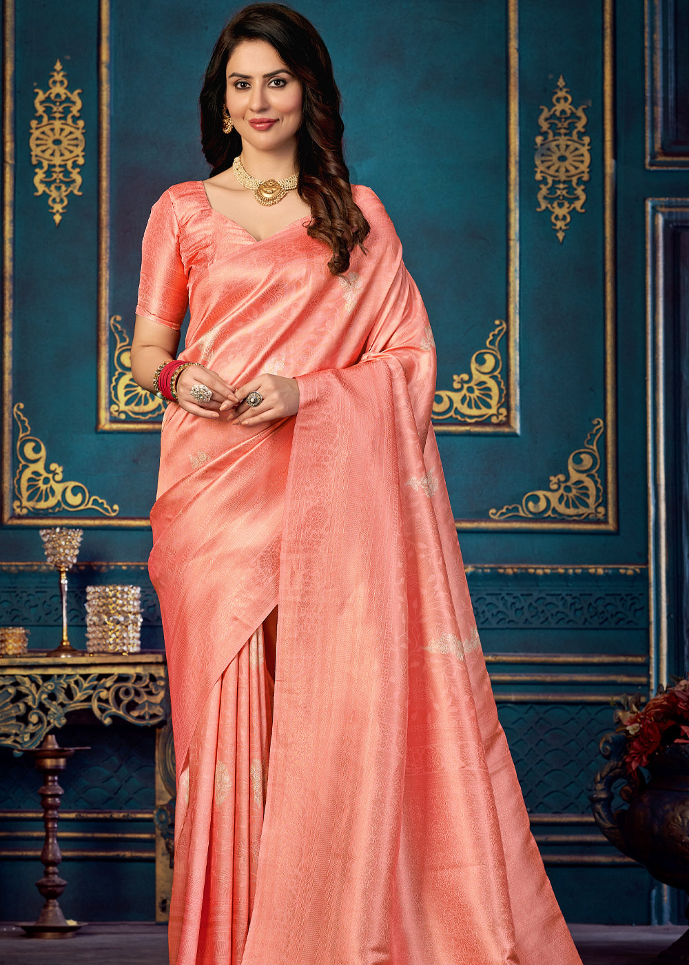 Terracotta Peach Woven Banarasi Jacquard Silk Saree