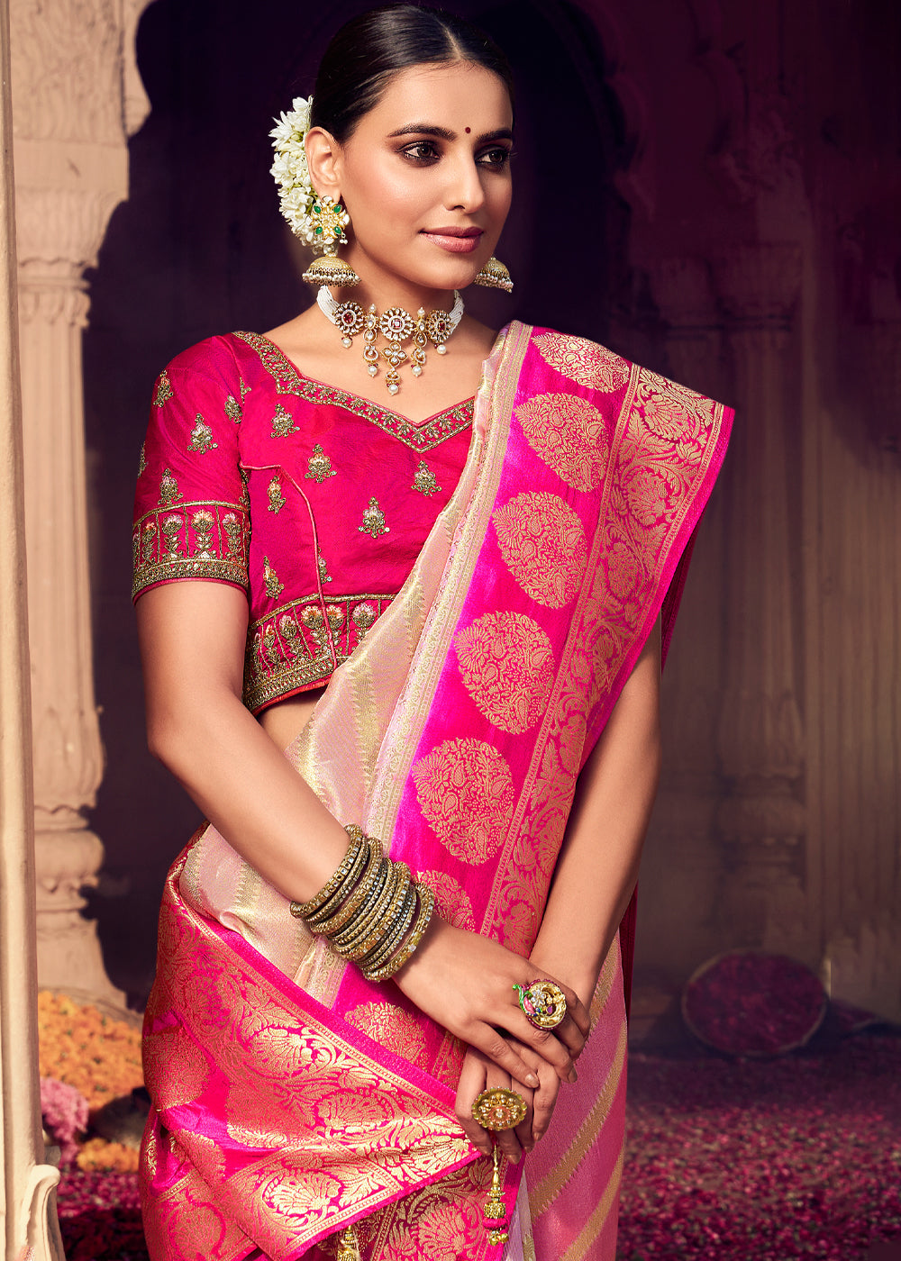 Papaya Cream and Pink Zari Woven Designer Banarasi Saree