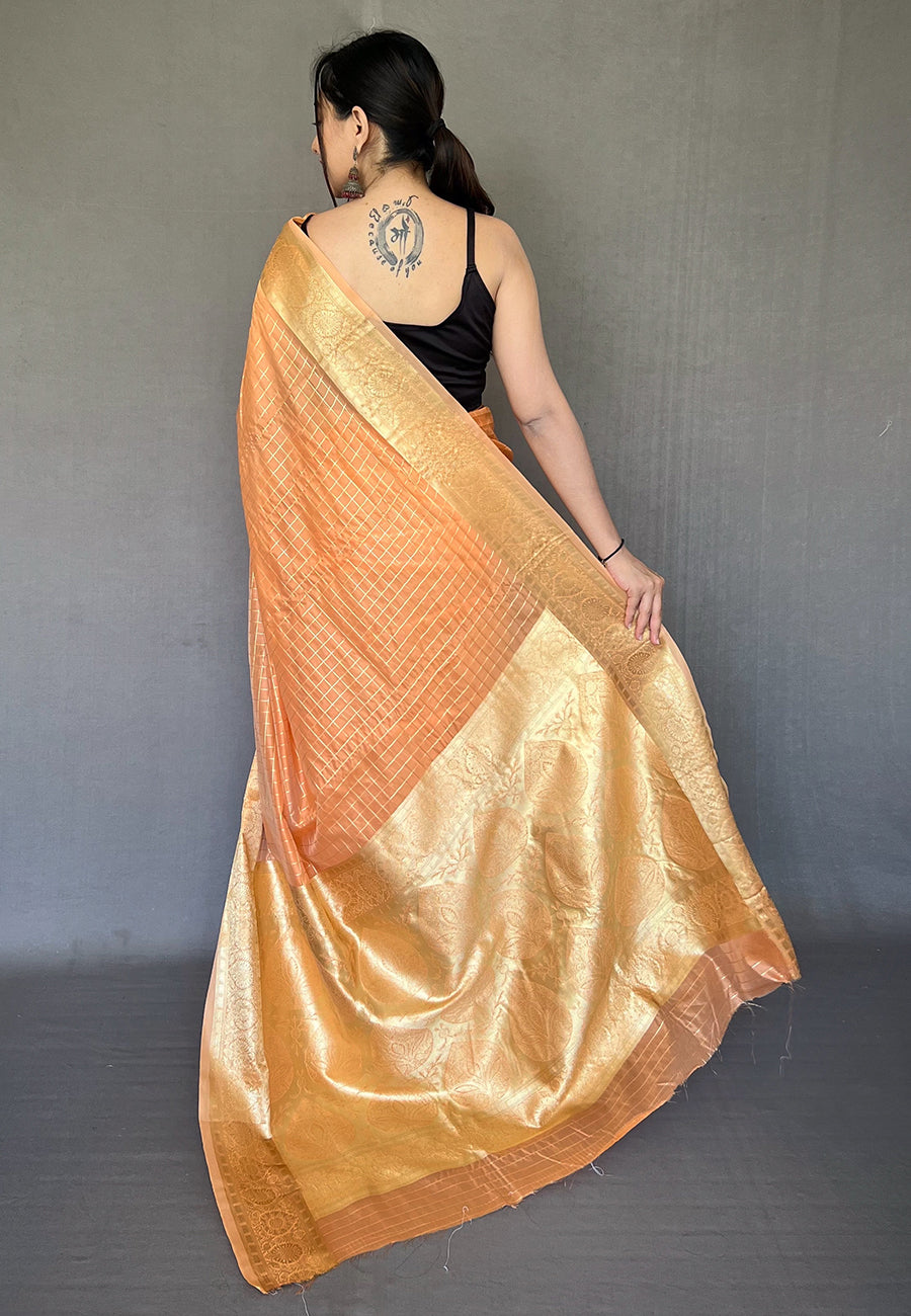 Jaffa Orange Zari Woven Organza Checks Saree