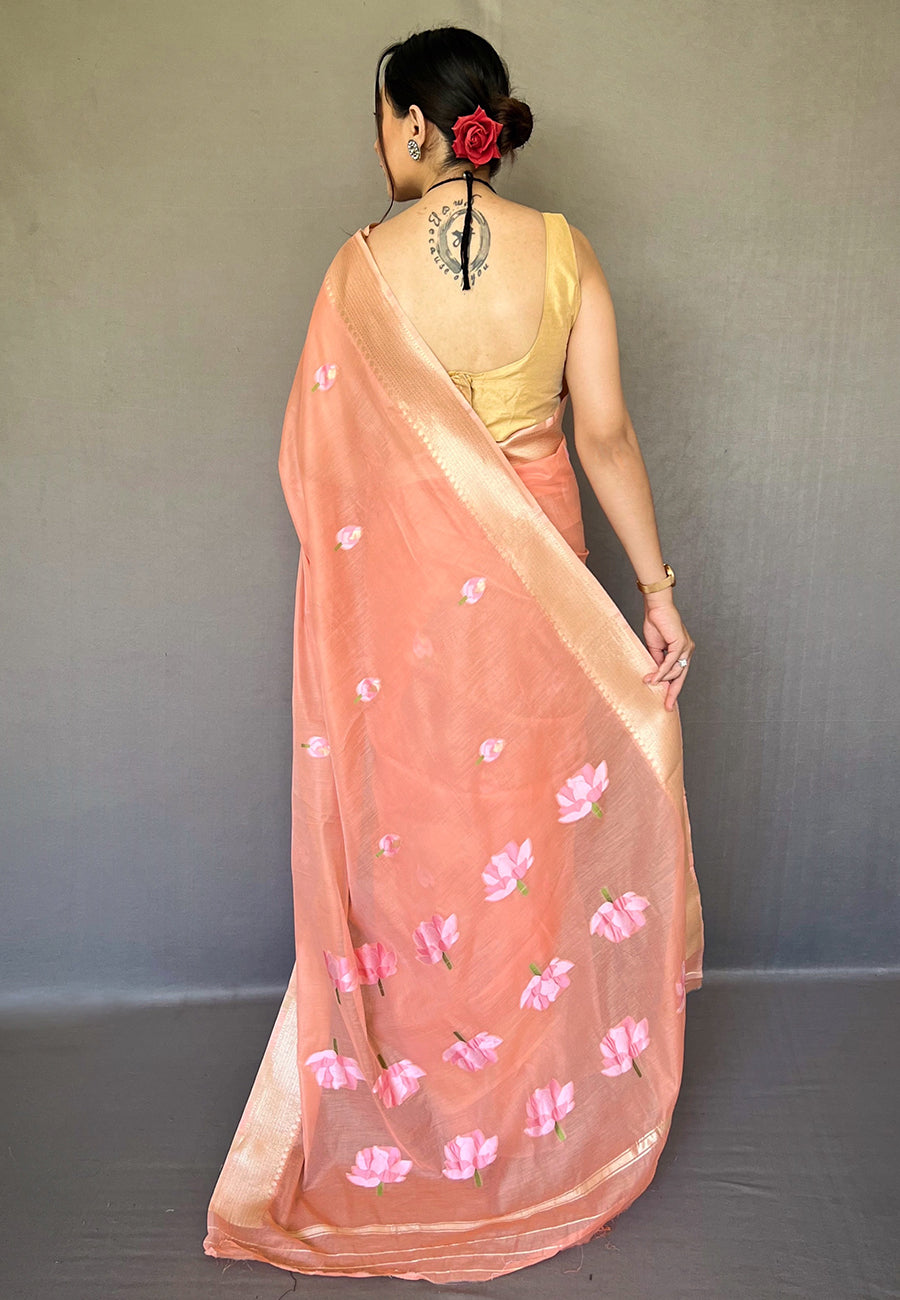 Flesh Peach Cotton Lotus Woven Silk Saree