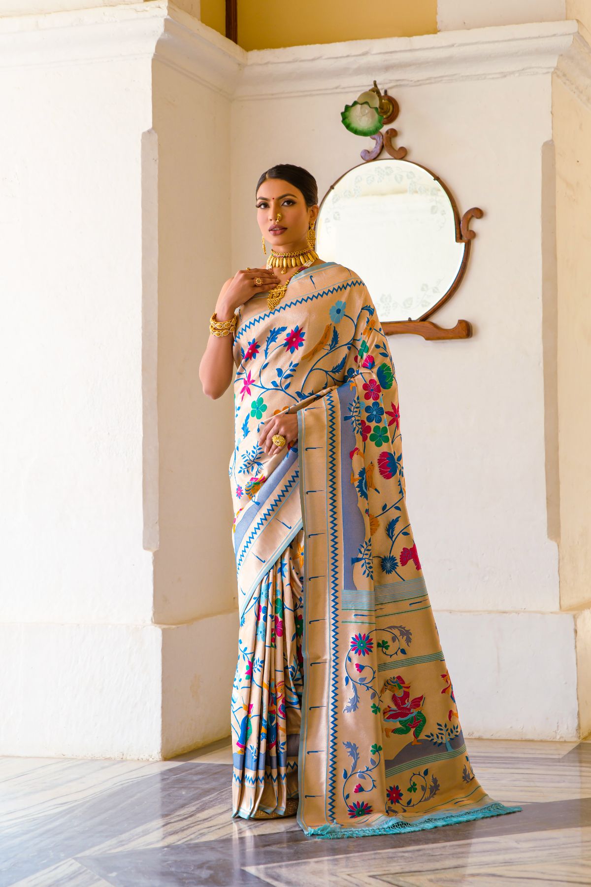 Pewter Blue Woven Paithani Silk Saree