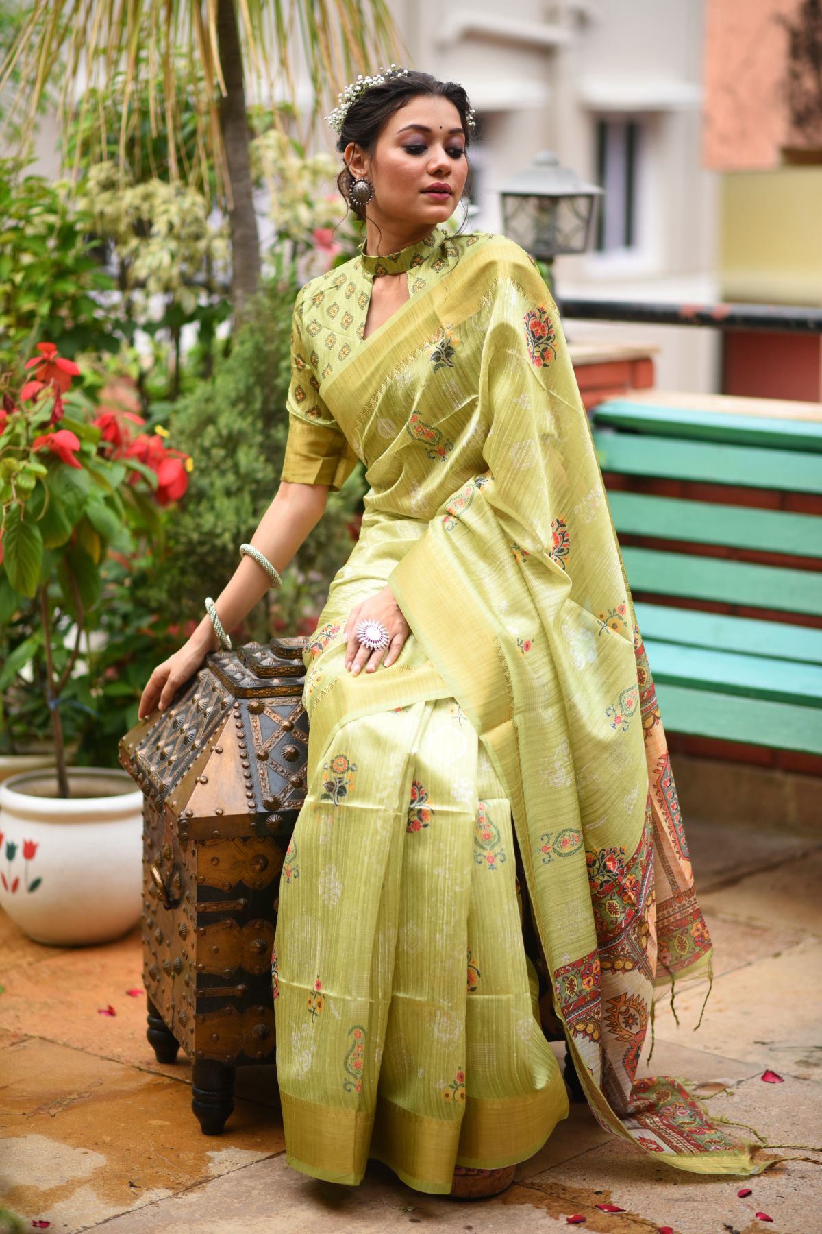 Husk Green Printed South Silk Saree