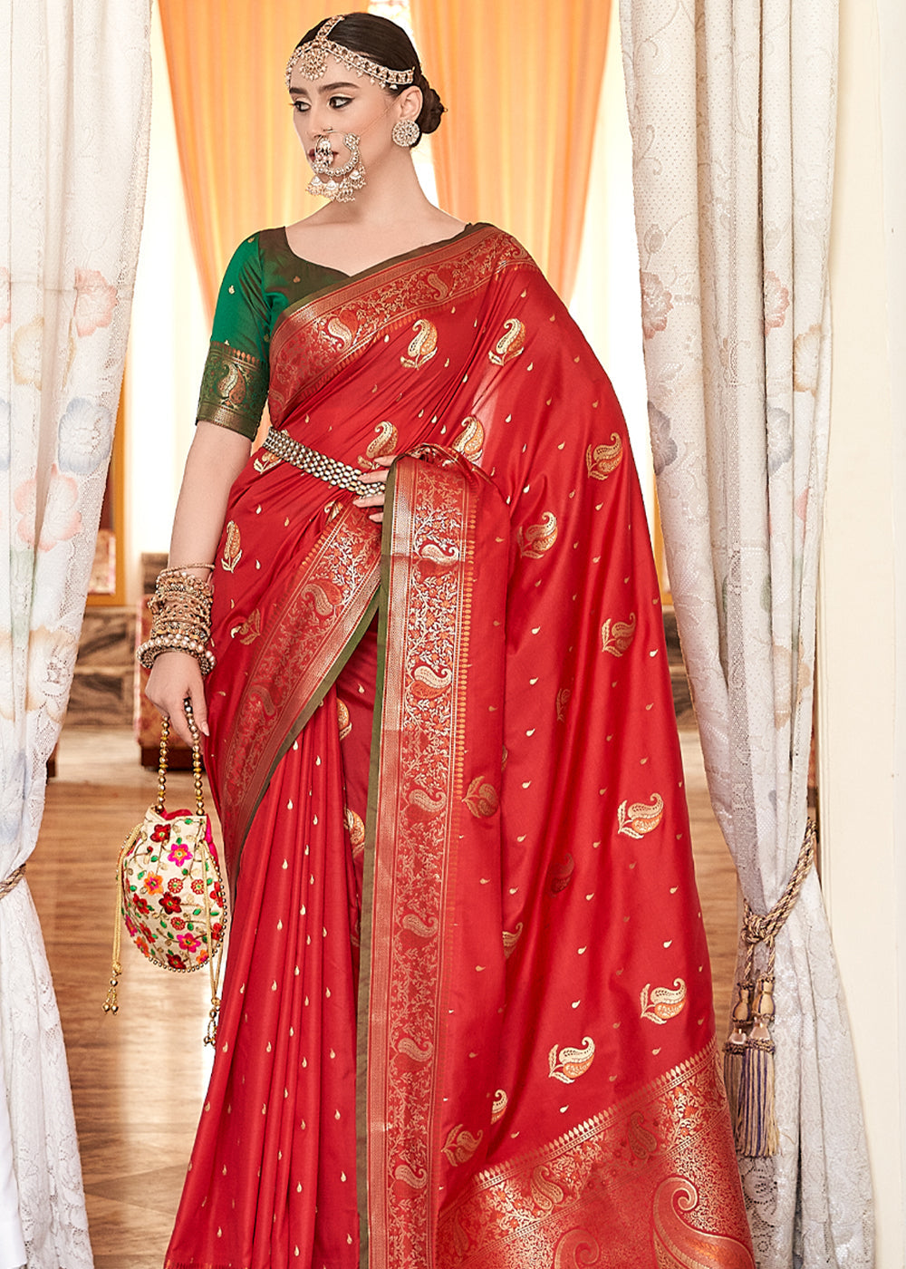 Rusty Red Woven Banarasi Soft Silk Saree