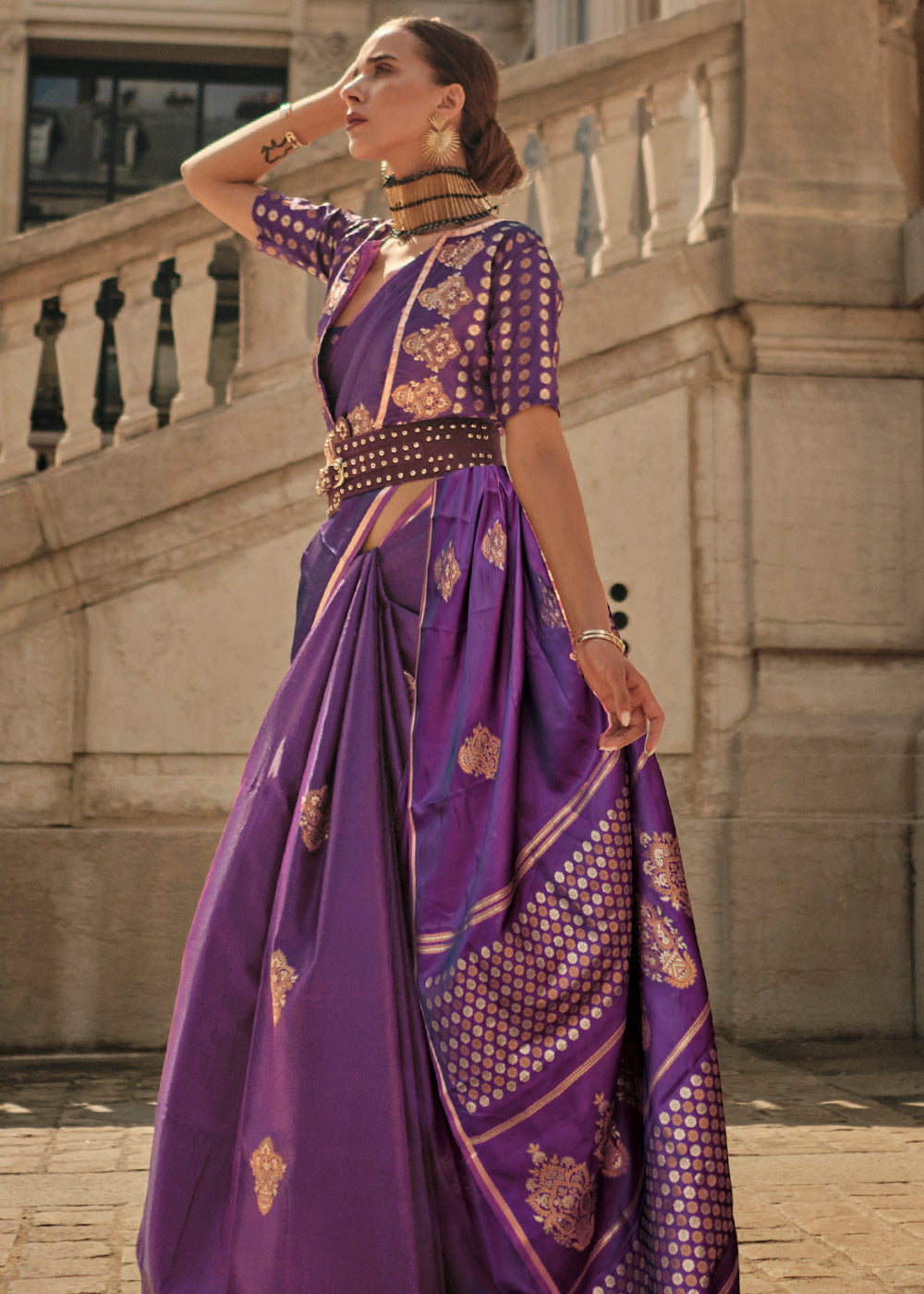 Strikemaster Purple Woven Banarasi Satin Silk Saree