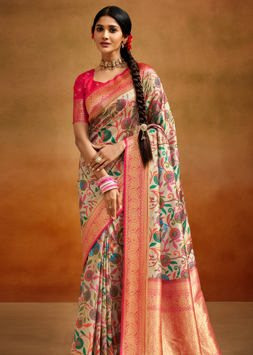 Yuma Cream and Pink Woven Banarasi Kalamkari Silk Saree