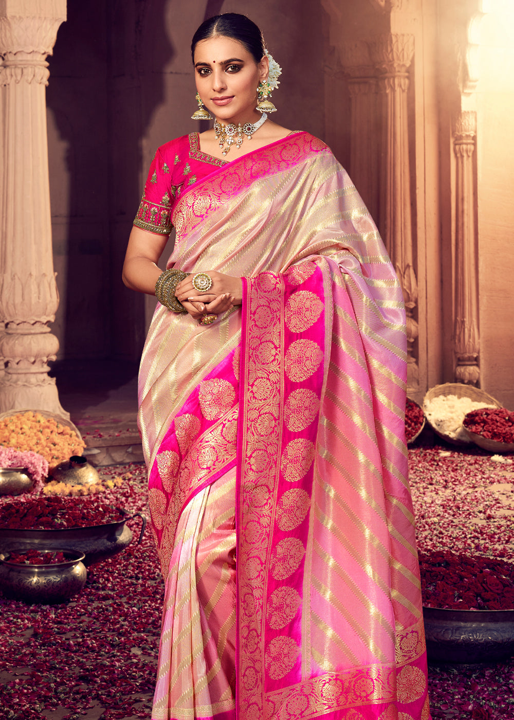 Papaya Cream and Pink Zari Woven Designer Banarasi Saree