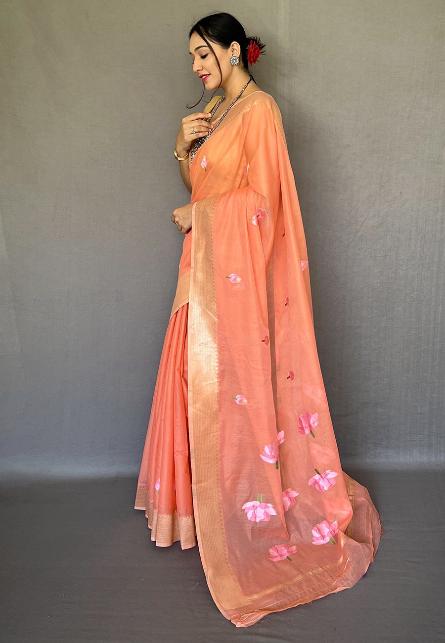 Flesh Peach Cotton Lotus Woven Silk Saree