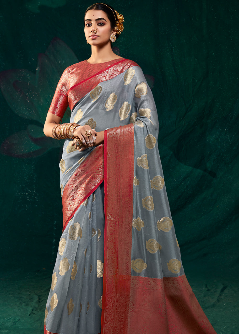 Manatee Grey Woven Banarasi Organza Silk Saree