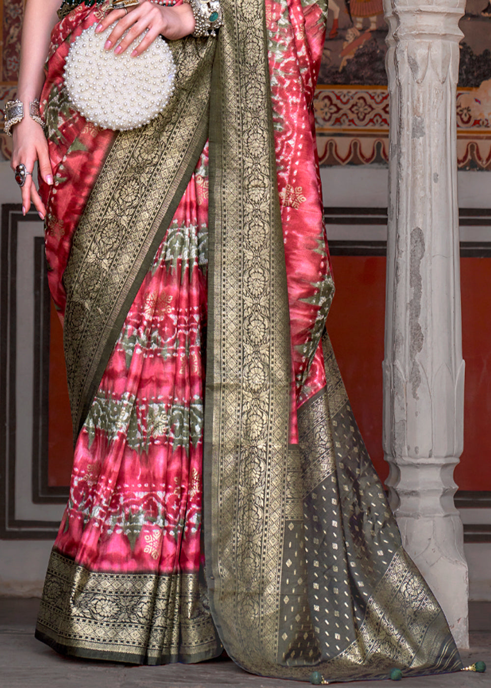 Mandy Pink and Green Printed Patola Soft Silk Saree