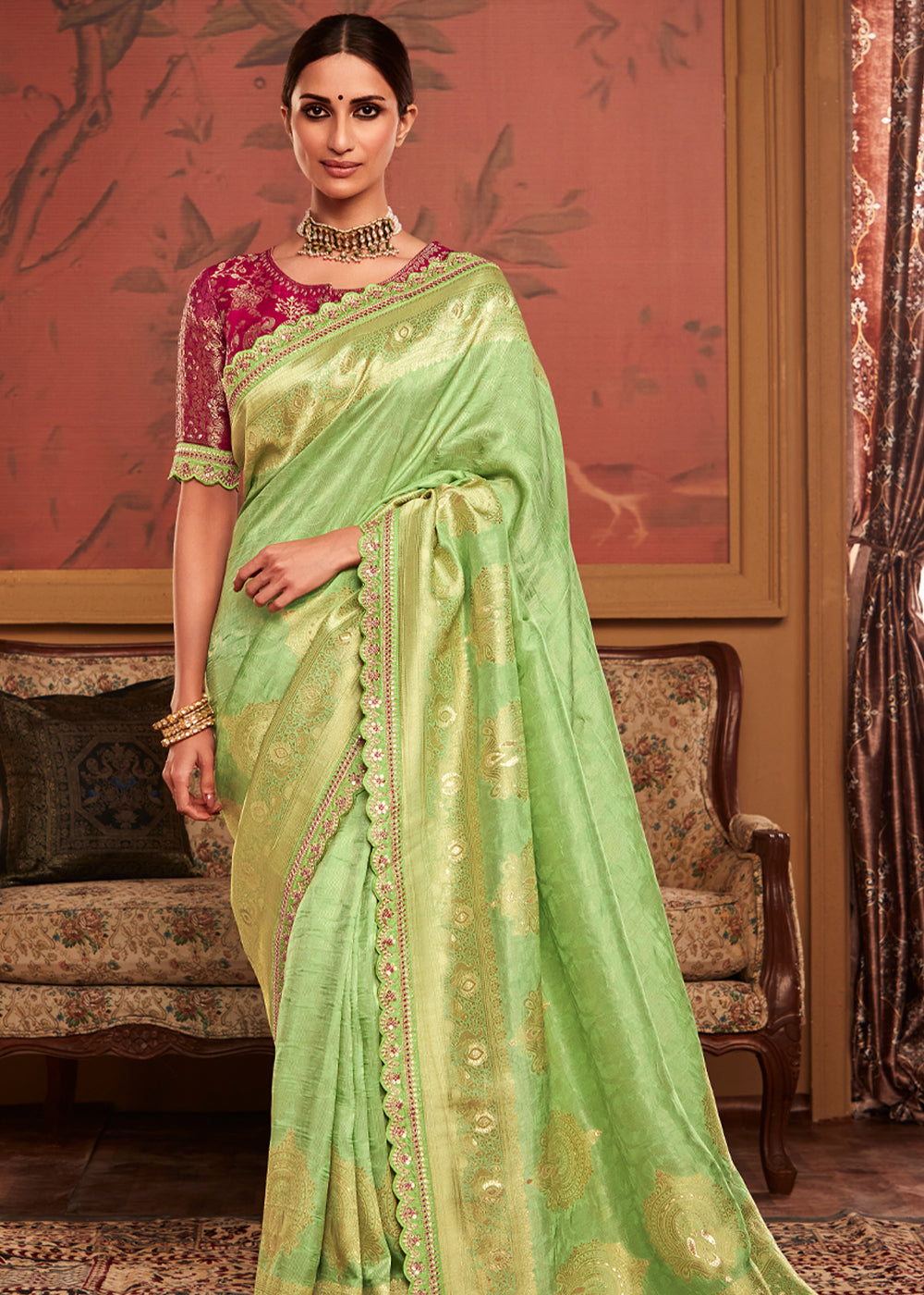 Citrus Green Woven Banarasi Designer Silk Saree With Embroidered Blouse