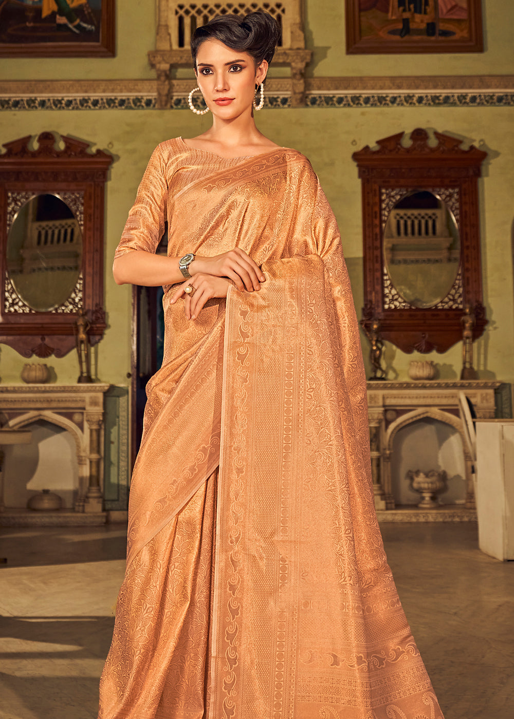 Peach Orange Dual Tone Kanjivaram Silk Saree