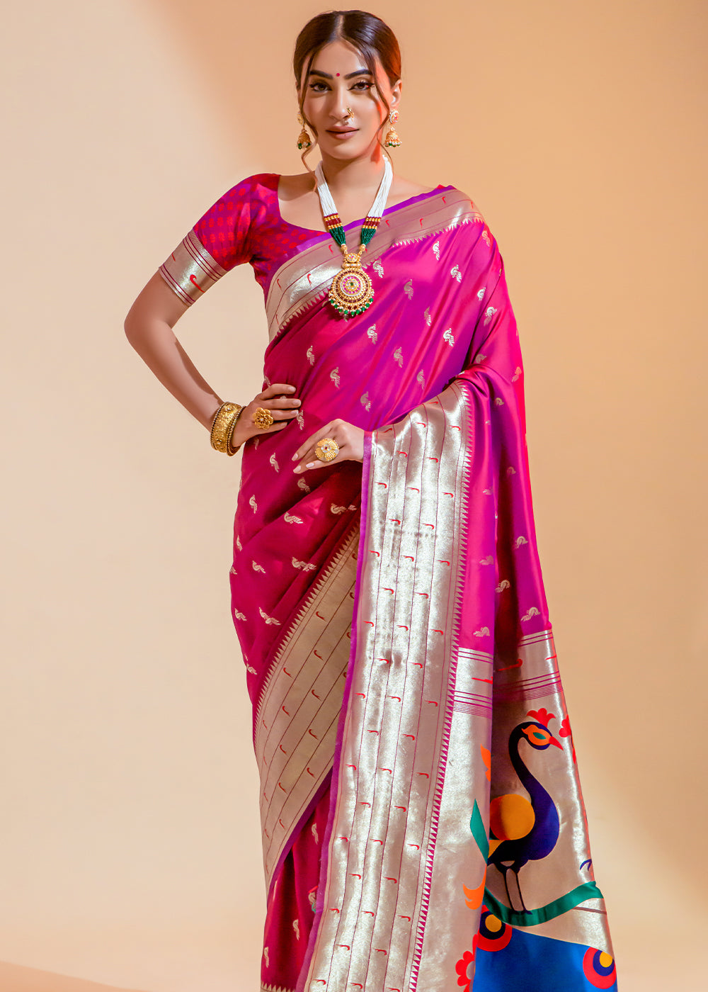 Frostbite Rose Pink Woven Paithani Silk Saree