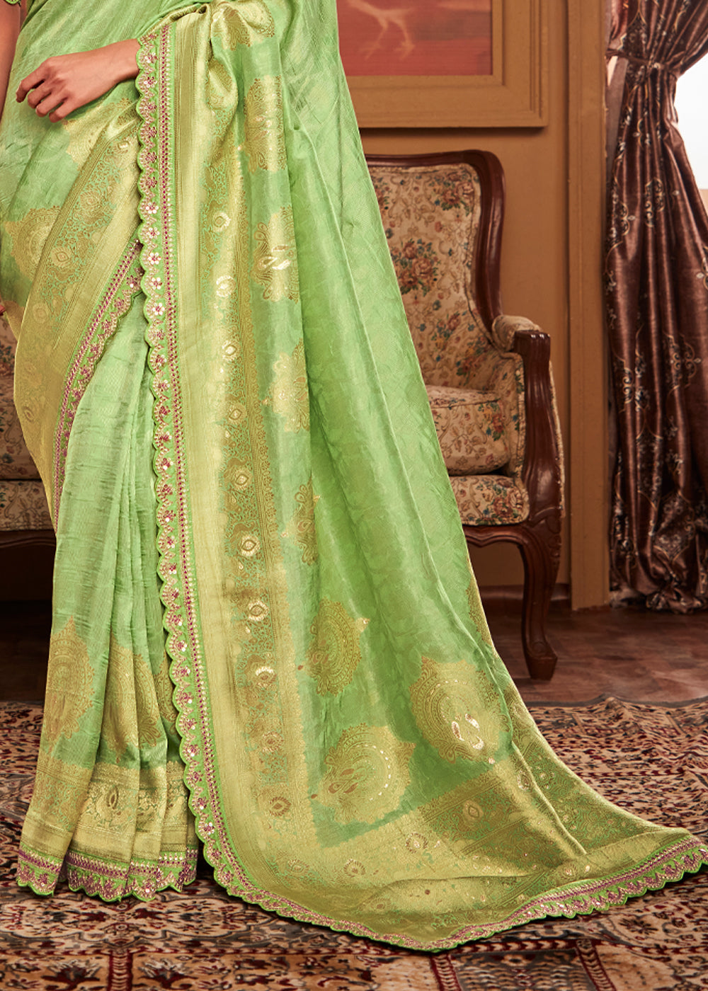 Citrus Green Woven Banarasi Designer Silk Saree With Embroidered Blouse