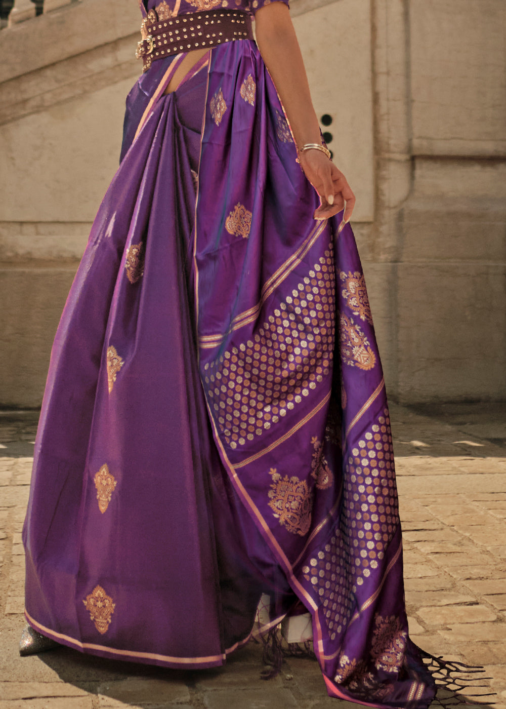 Strikemaster Purple Woven Banarasi Satin Silk Saree