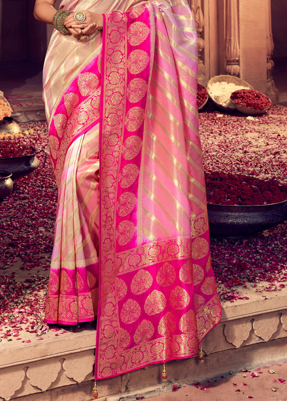 Papaya Cream and Pink Zari Woven Designer Banarasi Saree