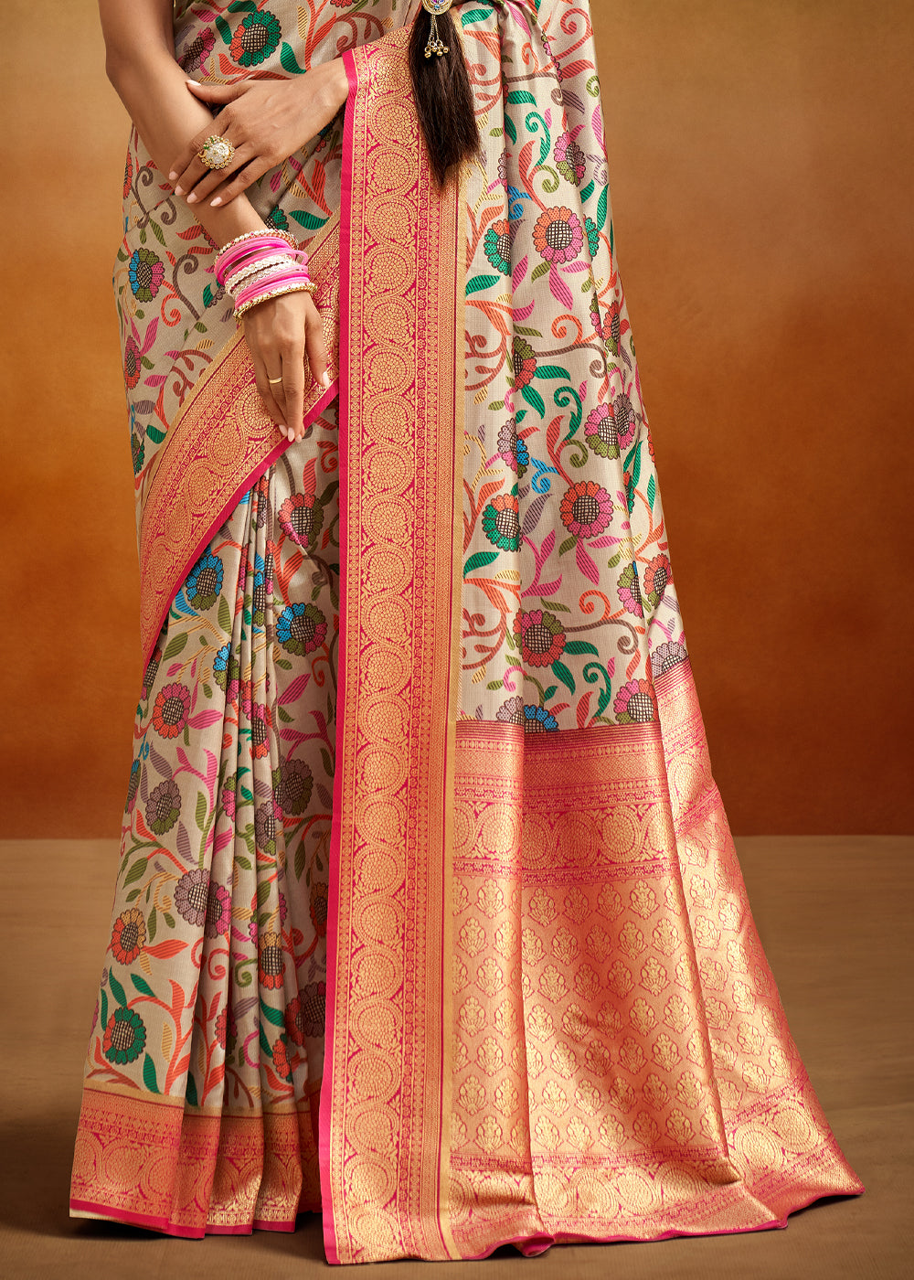 Yuma Cream and Pink Woven Banarasi Kalamkari Silk Saree