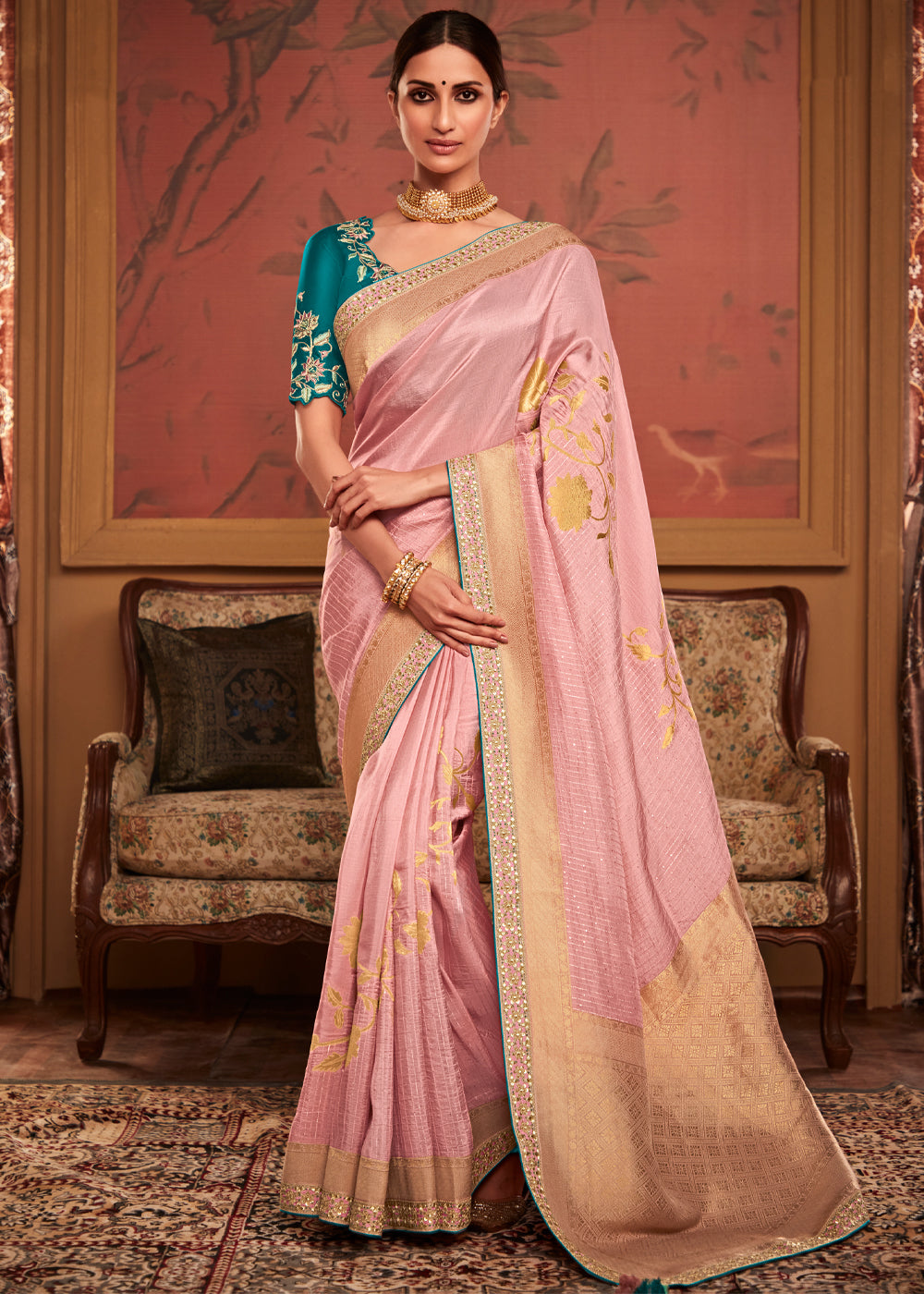 Wewak Pink Woven Banarasi Designer Silk Saree With Embroidered Blouse