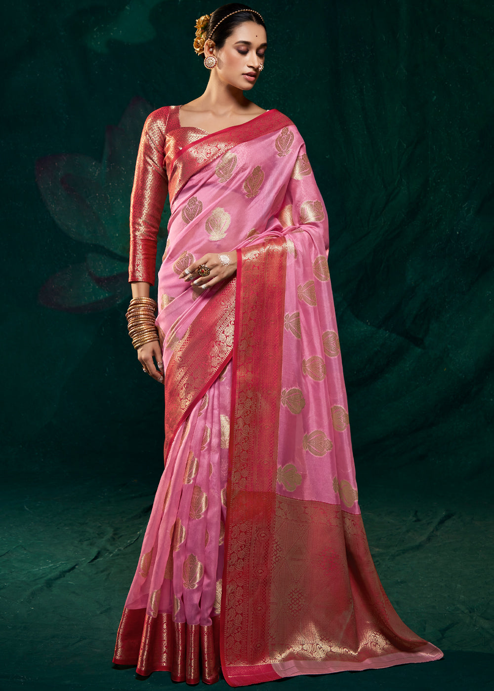 Lavender Pink Woven Banarasi Organza Silk Saree