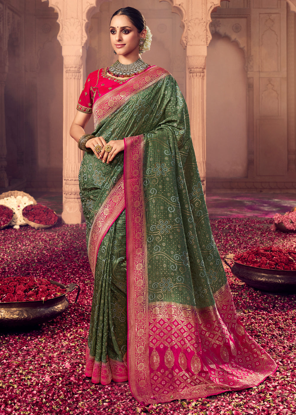 Siam Green and Pink Zari Woven Designer Banarasi Saree