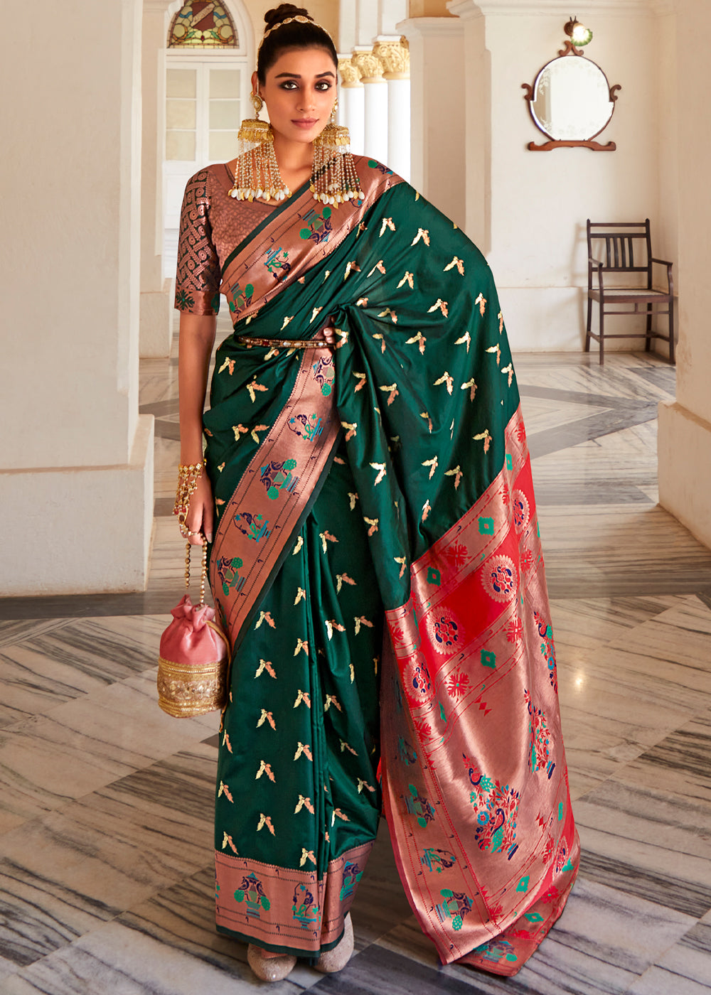 Palm Green and Pink Zari Woven Paithani Silk Saree