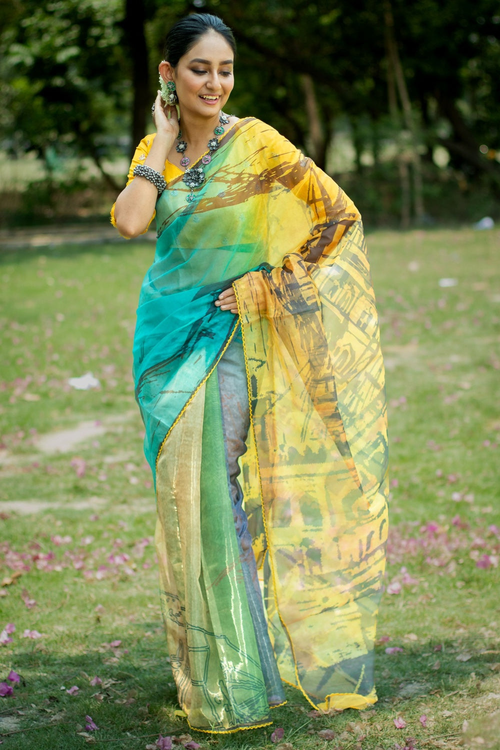 Primrose Yellow and Blue Floral Design Organza Printed Saree