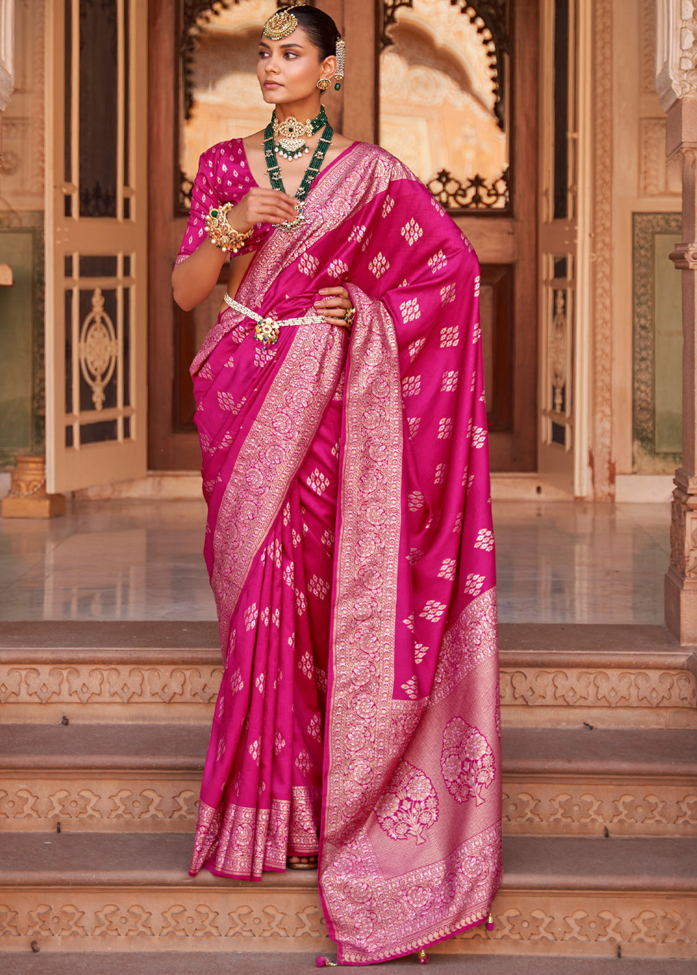 Mauvelous Pink Woven Banarasi Soft Silk Saree