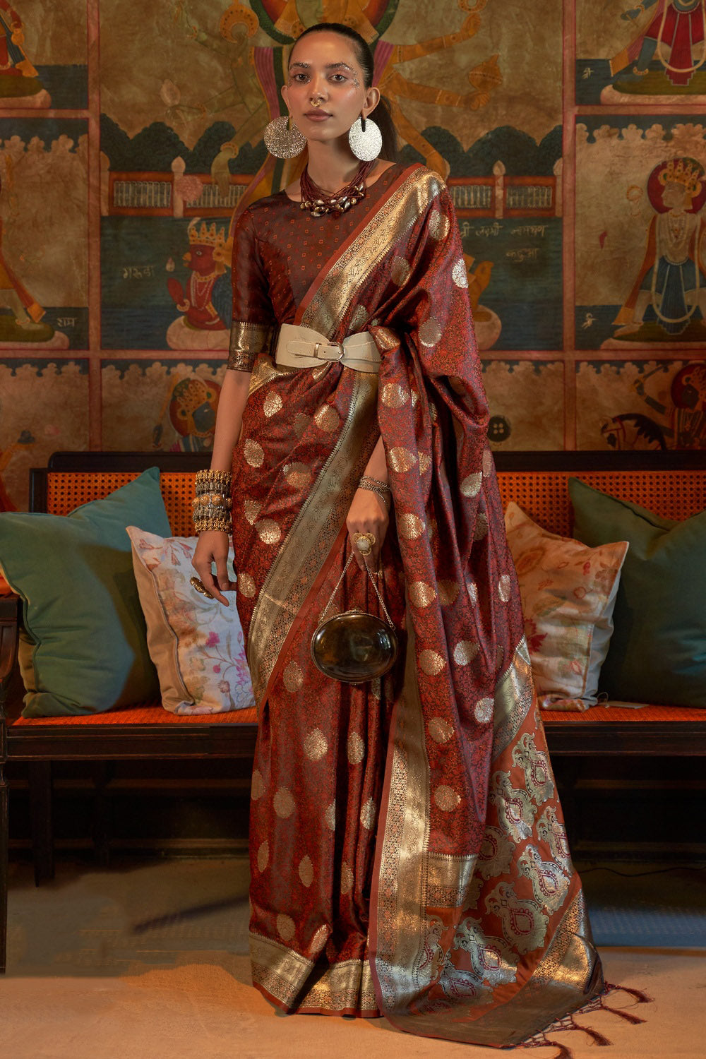 Van Cleef Brown Satin Handloom Silk Saree