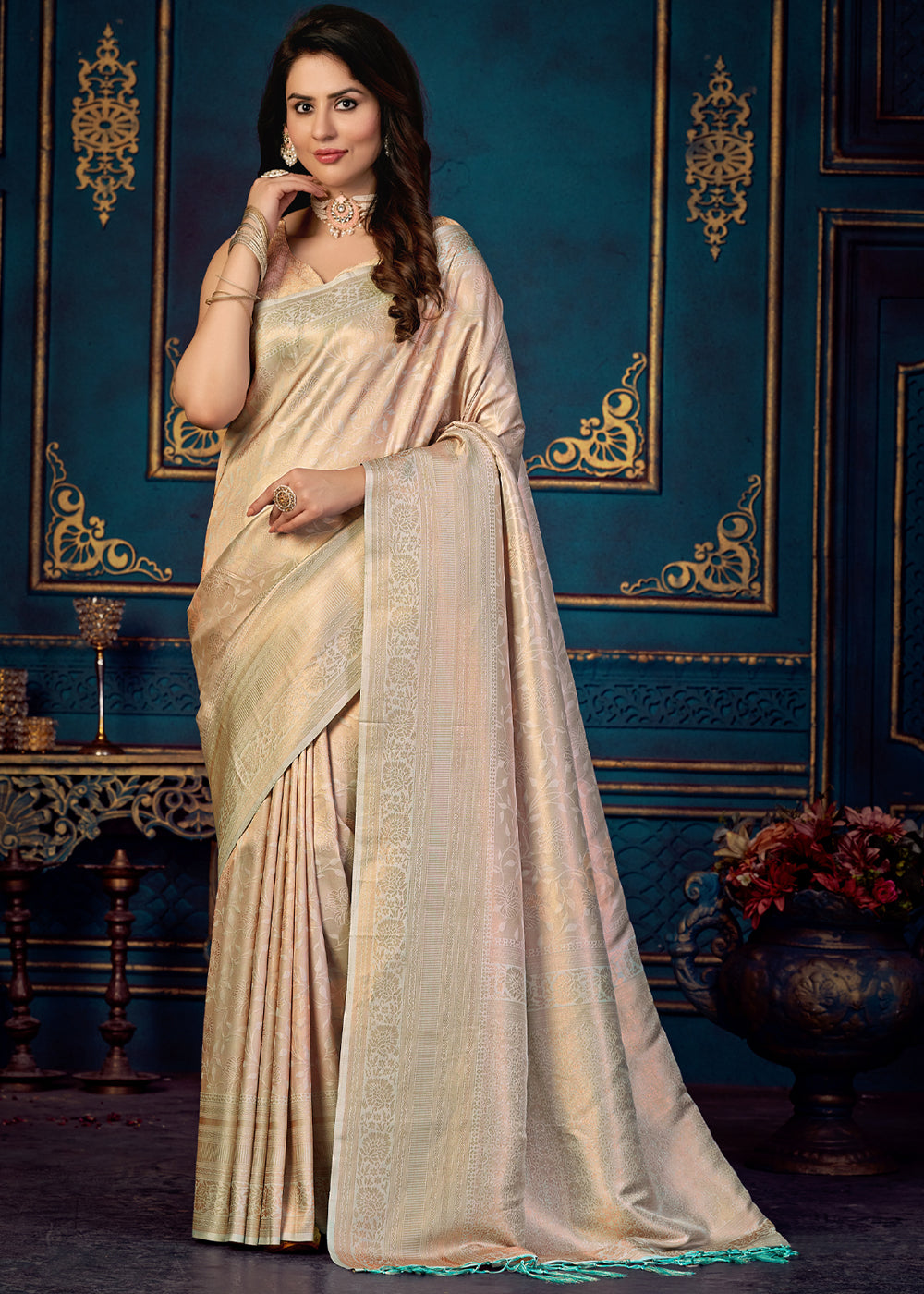 Stark Grey Woven Banarasi Jacquard Silk Saree