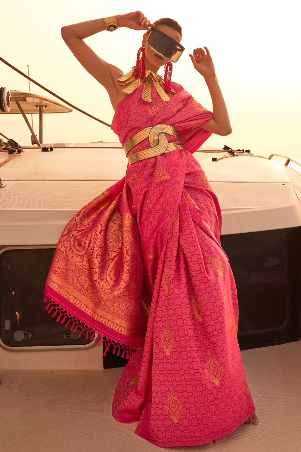 Rani Pink Woven Satin Handloom Silk Saree