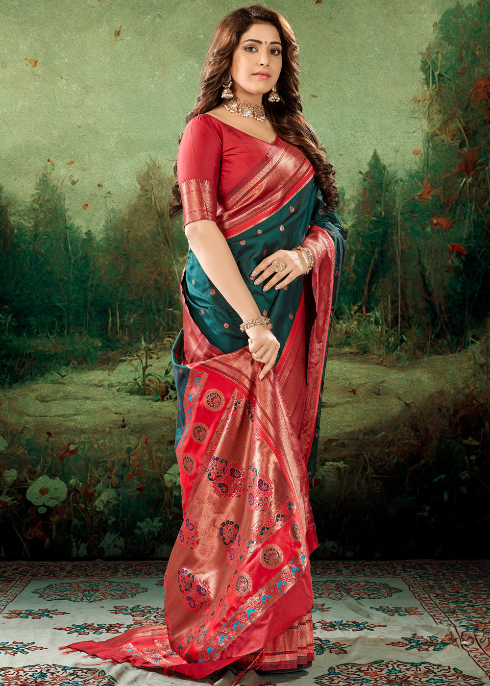 Amazon Green Woven Paithani Soft Silk Saree