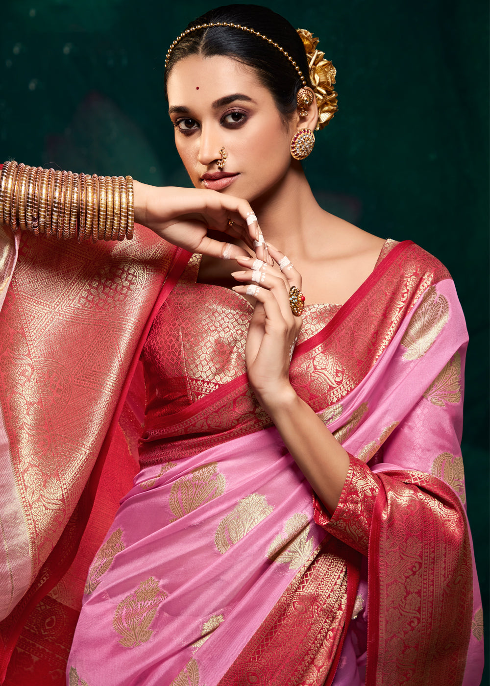 Lavender Pink Woven Banarasi Organza Silk Saree