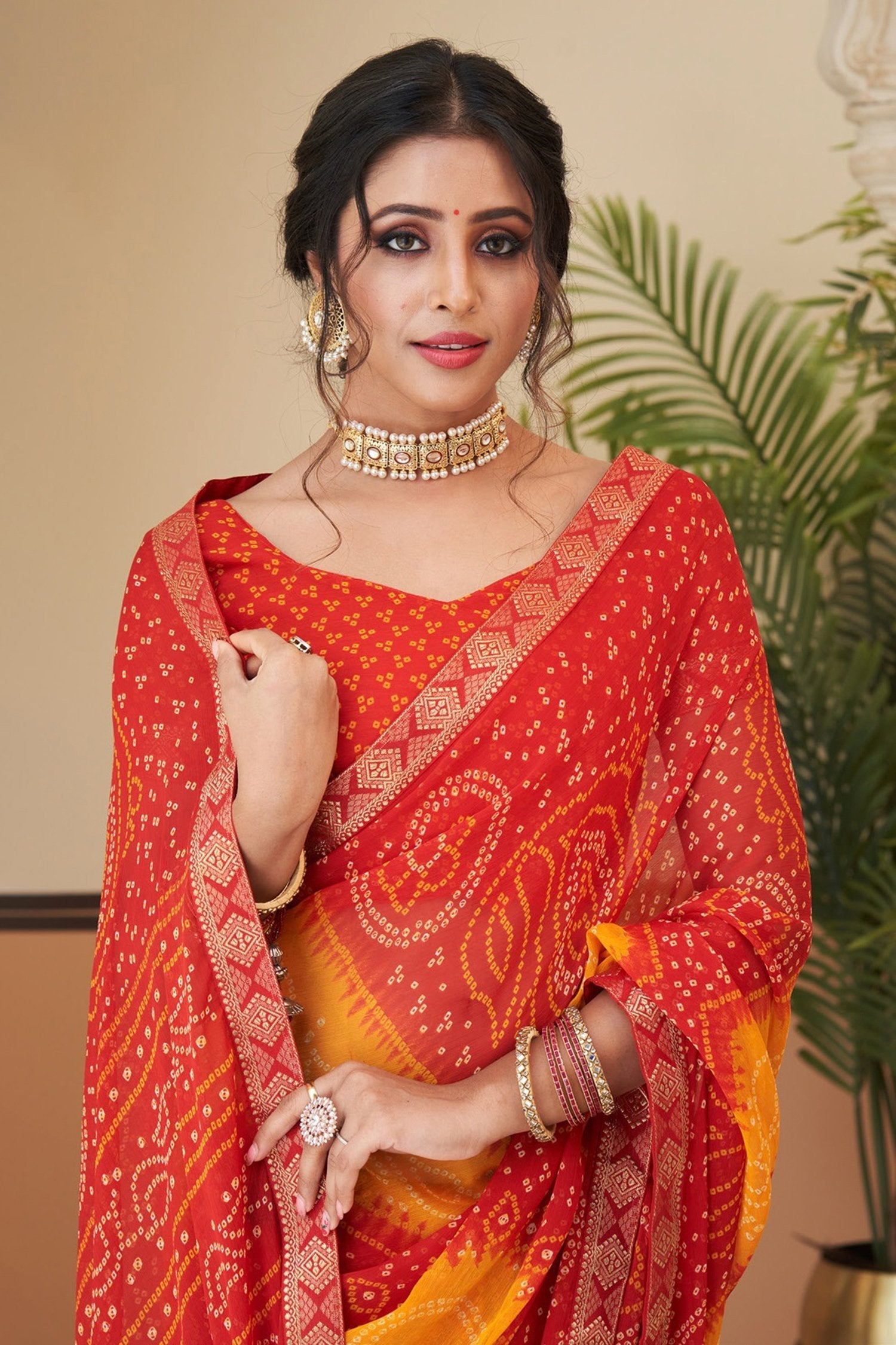 Jelly Bean Red and Yellow Chiffon Bandhani saree