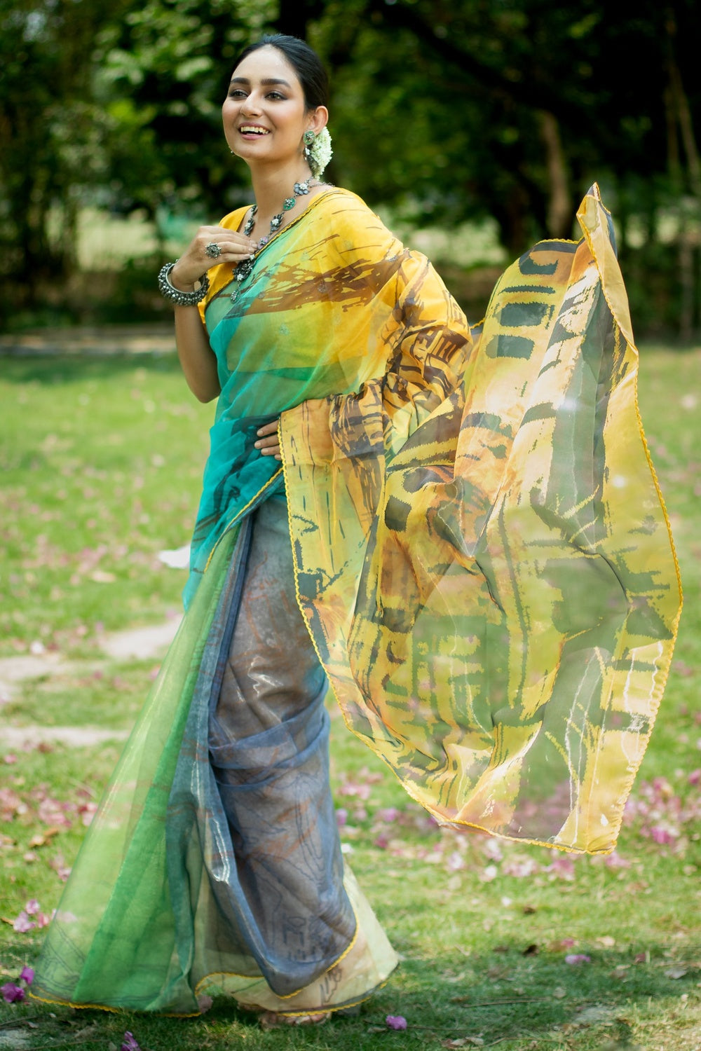 Primrose Yellow and Blue Floral Design Organza Printed Saree