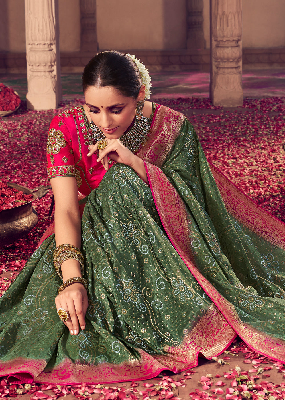 Siam Green and Pink Zari Woven Designer Banarasi Saree