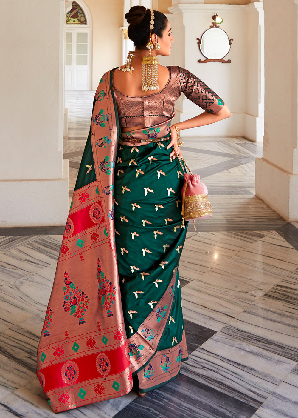 Palm Green and Pink Zari Woven Paithani Silk Saree