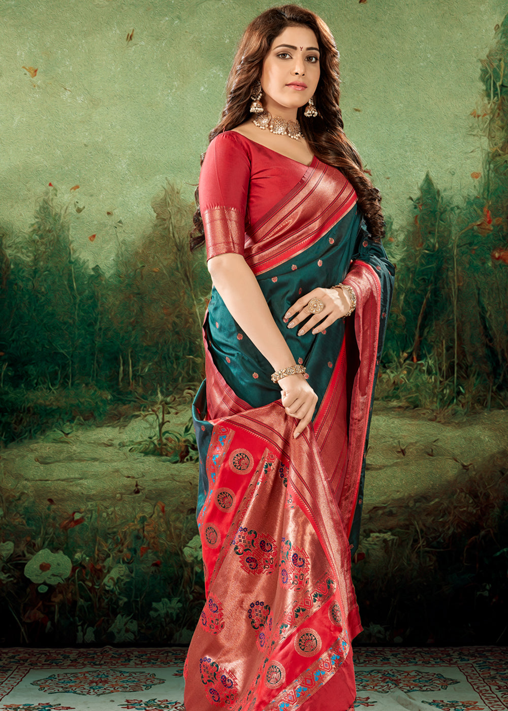 Amazon Green Woven Paithani Soft Silk Saree