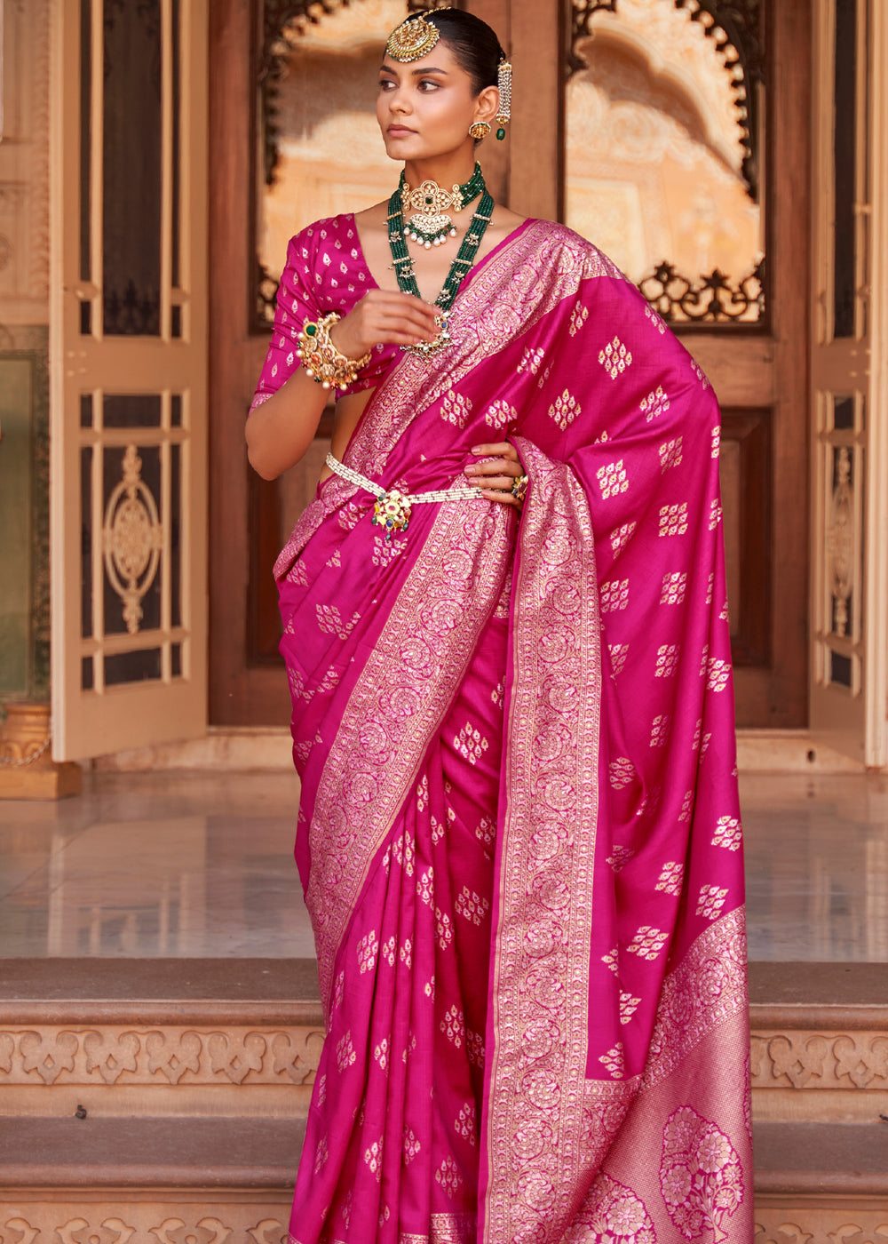 Mauvelous Pink Woven Banarasi Soft Silk Saree