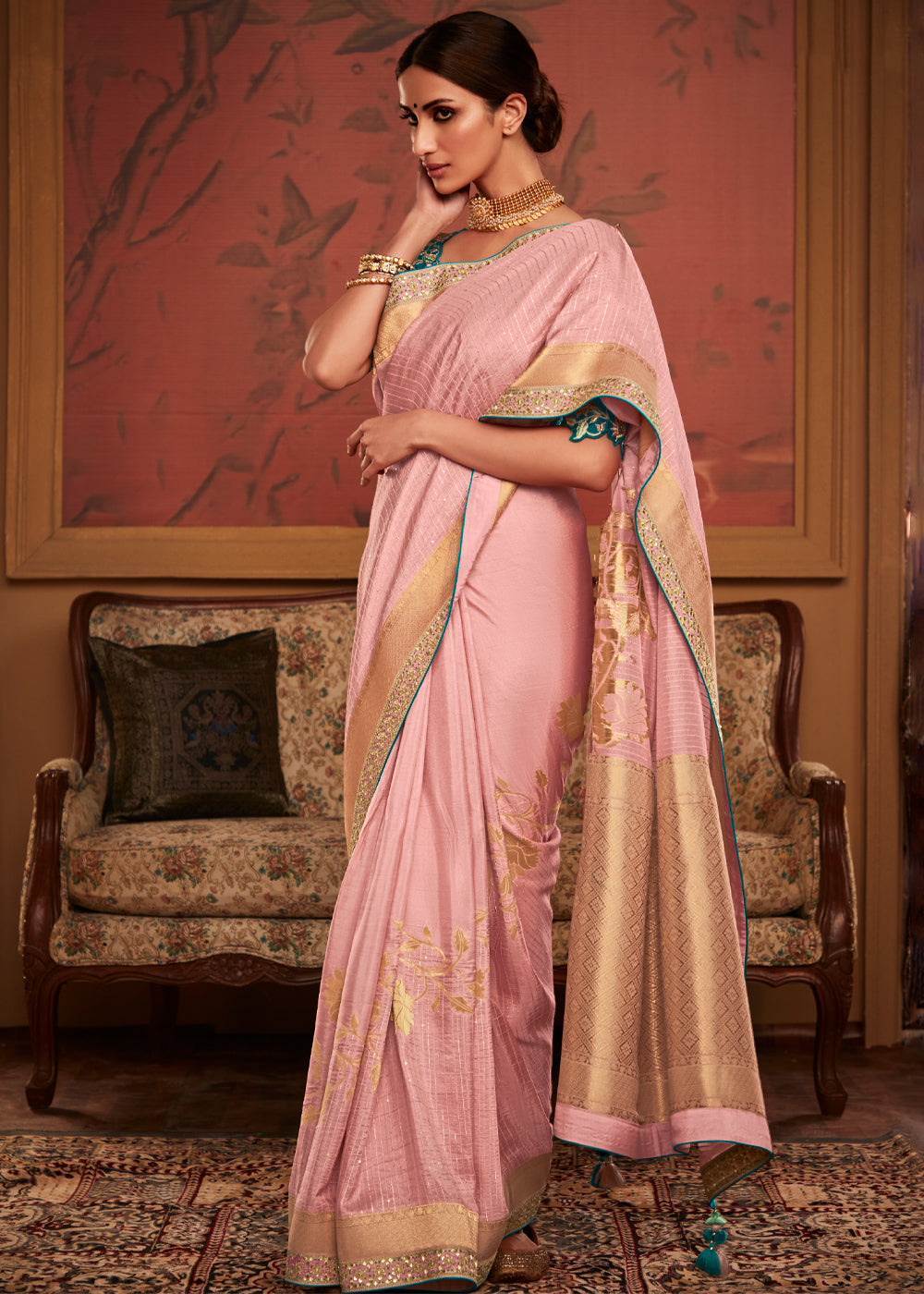 Wewak Pink Woven Banarasi Designer Silk Saree With Embroidered Blouse