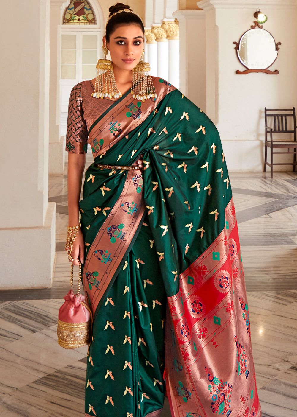 Palm Green and Pink Zari Woven Paithani Silk Saree