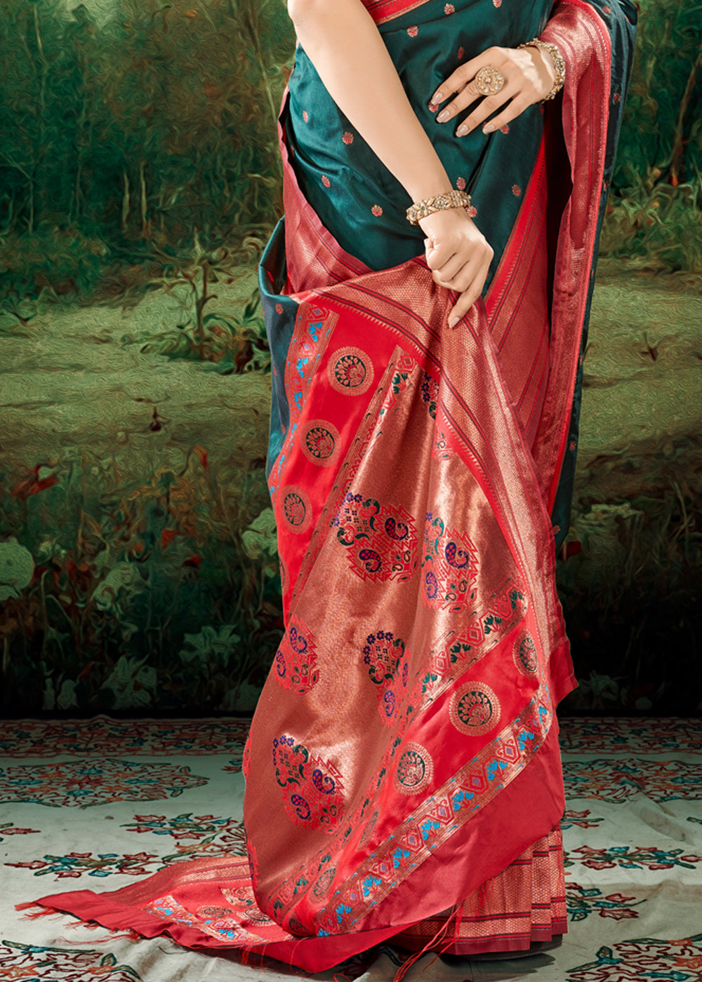 Amazon Green Woven Paithani Soft Silk Saree